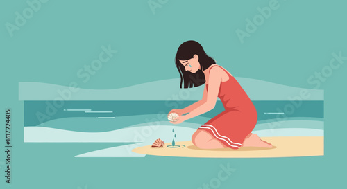 Distraught Woman Considers the Sea on a Beach While Holding a Seashell