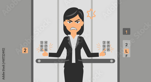 Angry Businesswoman Frustrated With Confusing Elevator Buttons And Floor Selection