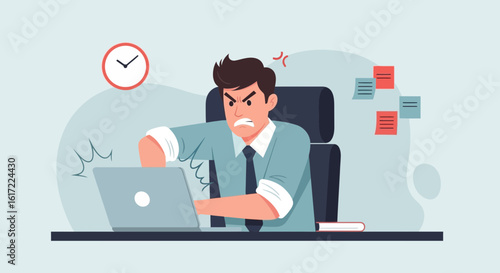 Angry Businessman Working At The Computer Is Very Stressed With Project