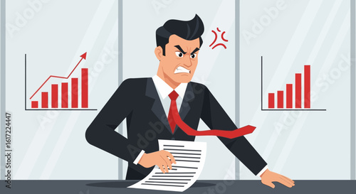 Frustrated Businessman With Unraveling Tie Analyzing Graphs in the Office