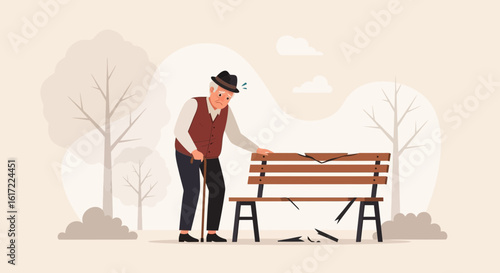 Distressed Senior Gentleman Confronting The Damage To A Park Bench In Autumn
