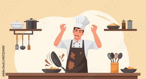 Frustrated Chef Experiencing A Cooking Accident In A Chaotic Kitchen Scene