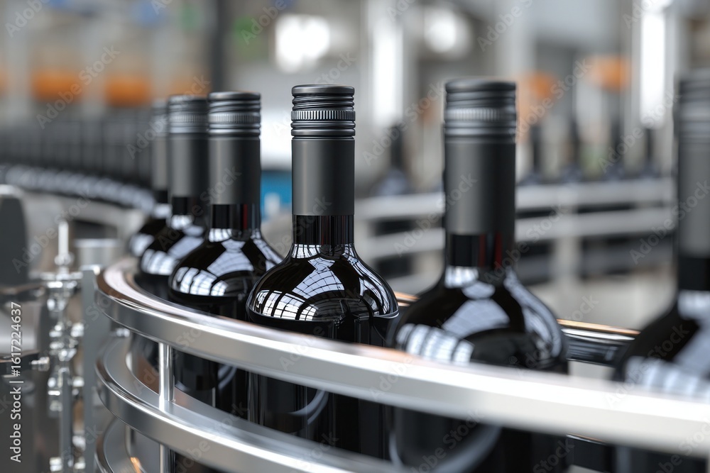Naklejka premium Dark glass bottles on a conveyor belt, in a factory setting, ready for distribution.