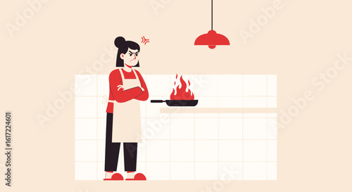 Frustrated cook standing in a kitchen with a frying pan on fire situation
