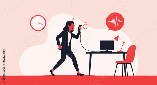 Angry Woman Arguing On Mobile Phone Inside Office Illustration Vector