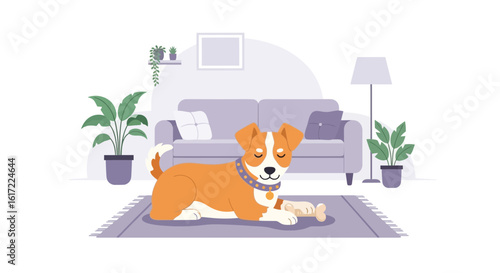Domestic Serenity Adorable Dog Resting With Bone On Rug In Cozy Living Room