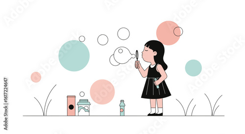 Charming Illustration Of A Little Girl Blowing Bubbles In The Field