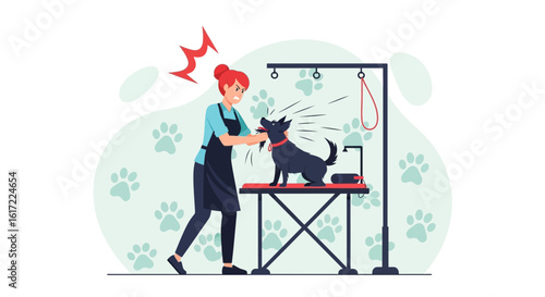 Angry Woman Grooming an Aggressive Dog at Salon with Paw Prints Backdrop