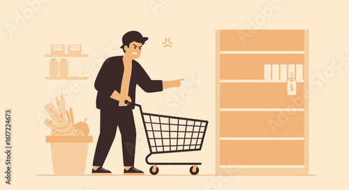 Frustrated Customer Confronts Empty Shelves In A Store During Product Scarcity
