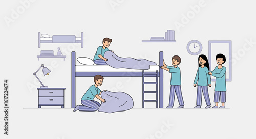Dormitory Life Illustration With Friends Preparing Bed For A Comfortable Night