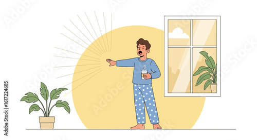 Early Morning Awakening Illustration Featuring Yawning Man With Hot Beverage