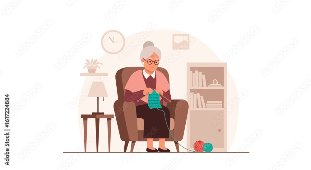 Elderly Woman Knitting Comfortably At Home In Her Armchair Leisure Time Elderly Woman Knitting Comfortably At Home In Her Armchair Leisure Time