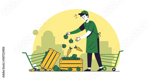 Frustrated Grocer Handling Fresh Produce At Market With Spilled Vegetables