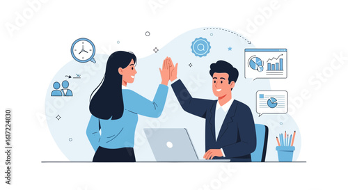 Cheerful business colleagues celebrating success with high-five and data analysis