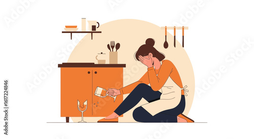 Frustrated Housewife Breaking Wineglass In Kitchen Expresses Disappointment And Regret