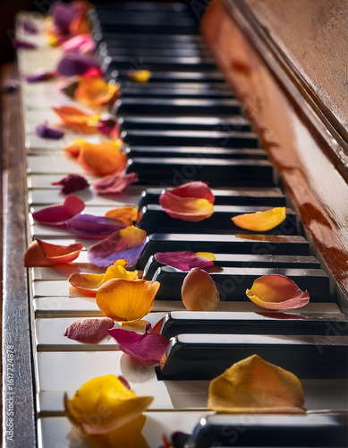 Colorful flower petals scattered across the keys of a dusty wooden piano. Close-up macro shot, soft ambient indoor light, faded wallpaper in background, a touch of melancholy and faded grandeur.