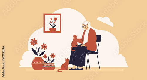 Elderly Woman Relaxing At Home With Her Cats In A Comfortable Environment