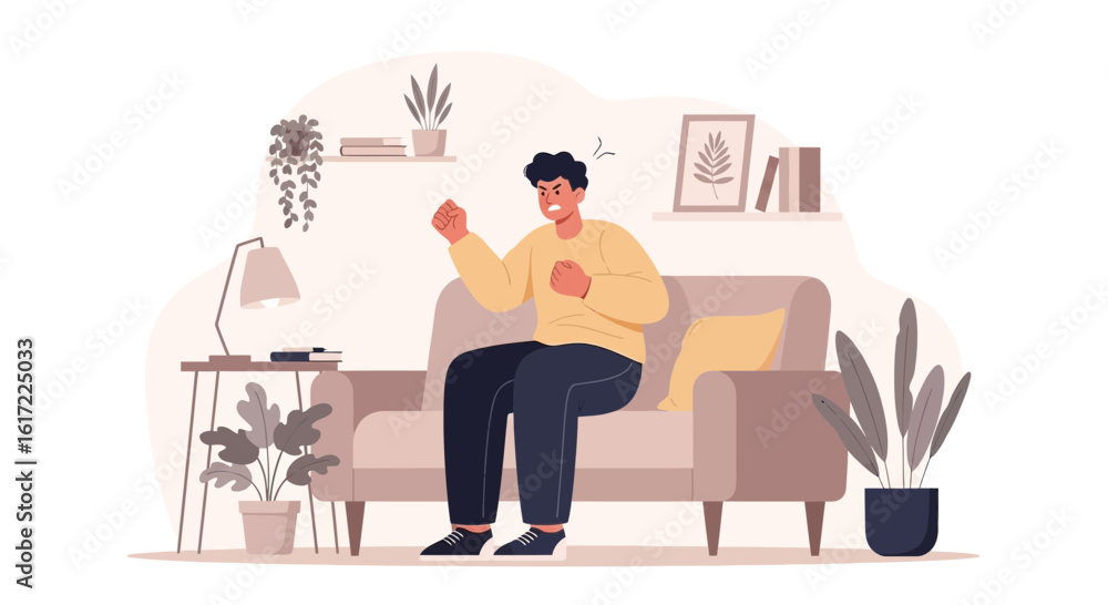 Fototapeta premium Frustrated man expresses anger while sitting on couch in living room concept