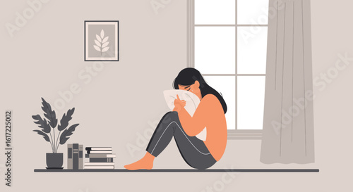 Apathetic Woman Embraces a Pillow in Quiet Room Interior Scene