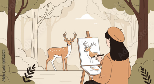 Artist Captures Beauty: Young Woman Painting a Deer in Serene Woodland