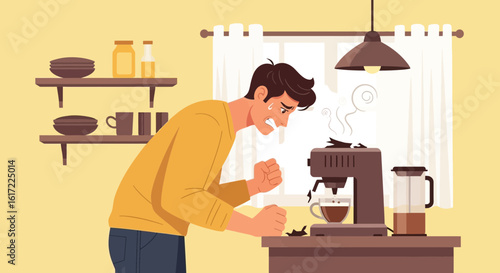 Frustrated Man Experiencing Coffee Machine Malfunction In The Morning