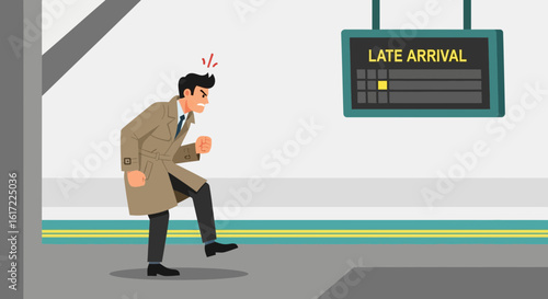 Frustrated Man Kicking Ground At Station Because Of Late Arrival Train