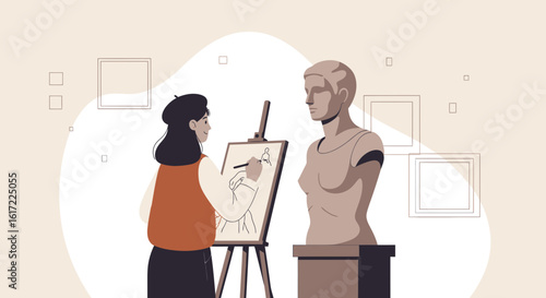 Artistic Pursuits: A Young Artist Creates a Classical Bust Drawing On Canvas