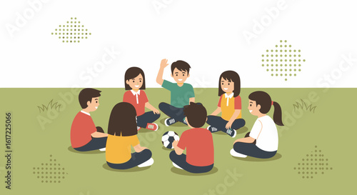 Cheerful Children Sit in Circle with Soccer Ball for Engaging Game Time