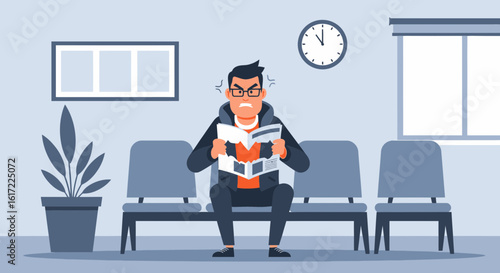 Frustrated Man Ripping Newspaper While Sitting In Waiting Room Upset By News