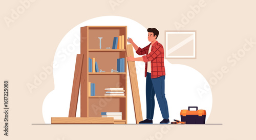 Assembling Furniture: A Young Man Building a Bookcase in his Home