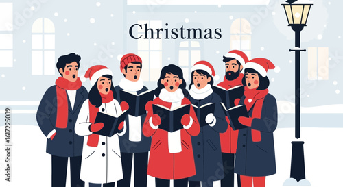 Cheerful Christmas carolers singing outdoors in a snowy festive winter scene, spreading holiday cheer