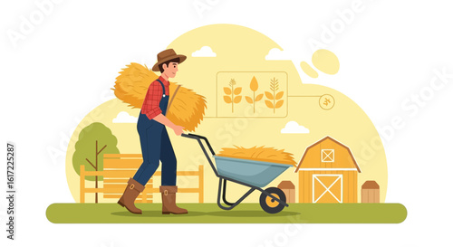 Cheerful Farmer Carrying Haystack And Wheelbarrow In Agricultural Setting
