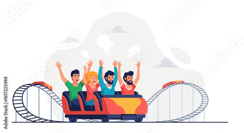 Cheerful Friends Experiencing Thrilling Ride On Roller Coaster At Amusement Park