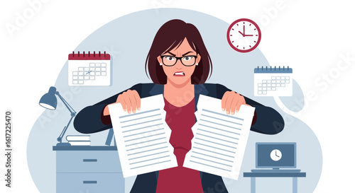 Frustrated Professional Woman Tearing Documents After Overwhelmed Workday at Office