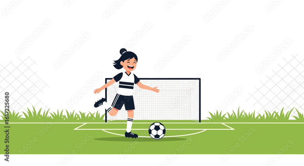 Fototapeta premium Cheerful Girl Playing Soccer On The Field During Daytime With Goal Post