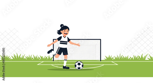 Cheerful Girl Playing Soccer On The Field During Daytime With Goal Post