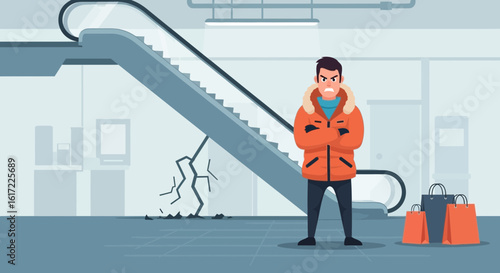 Frustrated Shopper Encountering Escalator Malfunction After Retail Purchases