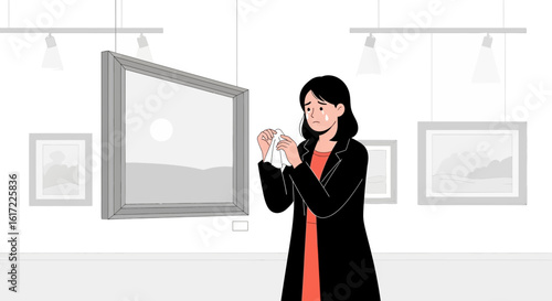 Emotional Woman Viewing Art At Gallery Expressing Sadness And Vulnerability