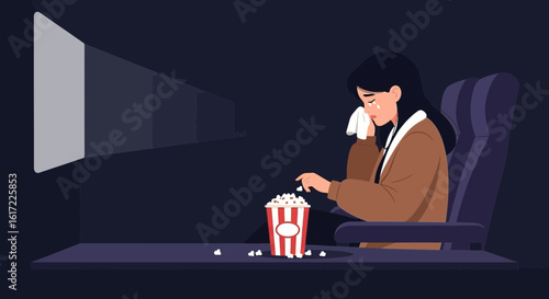 Emotional Woman Tears up While Watching Movie in Cinema Theater