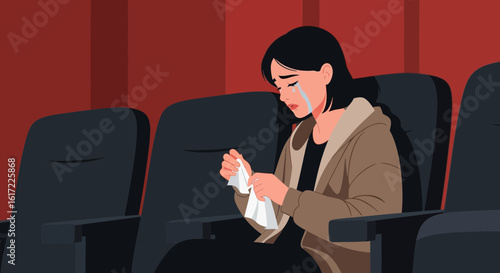 Emotional Woman Watching Movie At Cinema Feeling Sad And Crying Alone