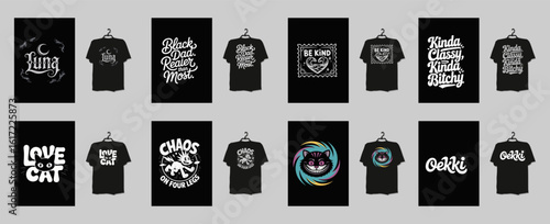 Celestial Mischief T-Shirt Grid – Skull Icons, Lunar Motifs & Bold Cat Typography for Dark Streetwear