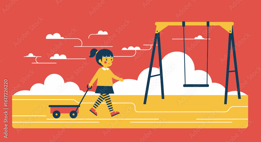 Fototapeta premium Cheerful Playground Scene with Child, Wagon, and Swing Set Illustration