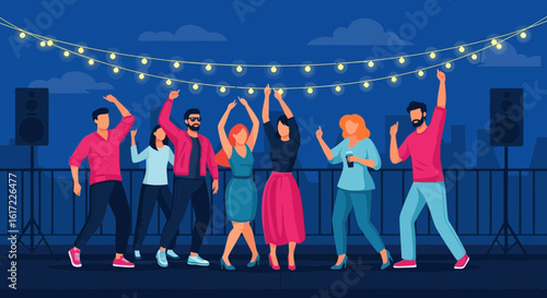 Energetic Rooftop Party Scene Under String Lights With Friends Dancing At Night