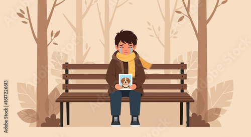 Bereaved Boy Mourning His Lost Dog In The Park With Sadness Concept