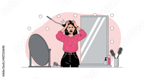 Frustrated woman experiencing hair styling difficulties in front of a mirror