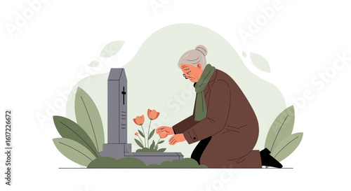 Bereaved Woman Pays Respects at Graveside During Mourning Time Loss Grief
