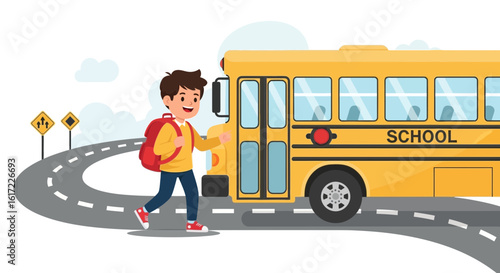 Cheerful Student Boarding School Bus For Morning Journey To School