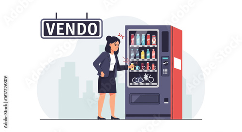 Frustrated Woman Interacting With Malfunctioning Snack Vending Machine In City