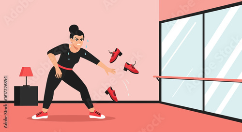 Frustrated woman throwing shoes in a fit of rage, expressing intense anger in a pink room with a ballet bar