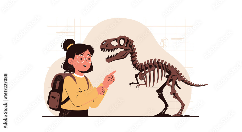 Obraz premium Enthralled girl exploring prehistoric past standing before a dinosaur skeleton